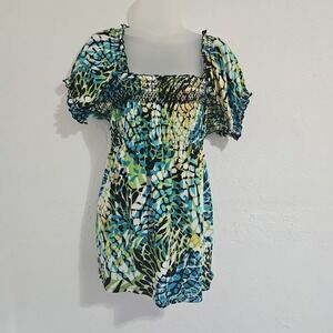 Womens RQT Size Large 90s Y2K Vtg Colorful Babydoll Blouse Smocked Abstract